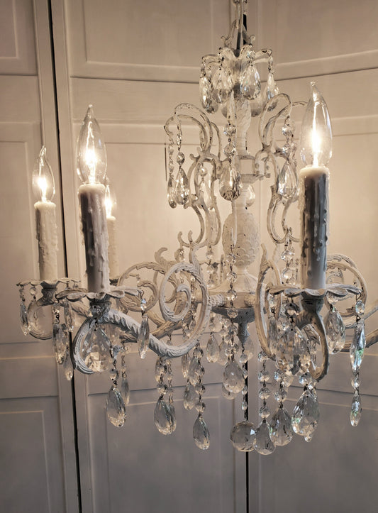 A Crystal Chandelier 1950s Handpainted "Shabby Chic White" 8-light (FREE SHIPPING)