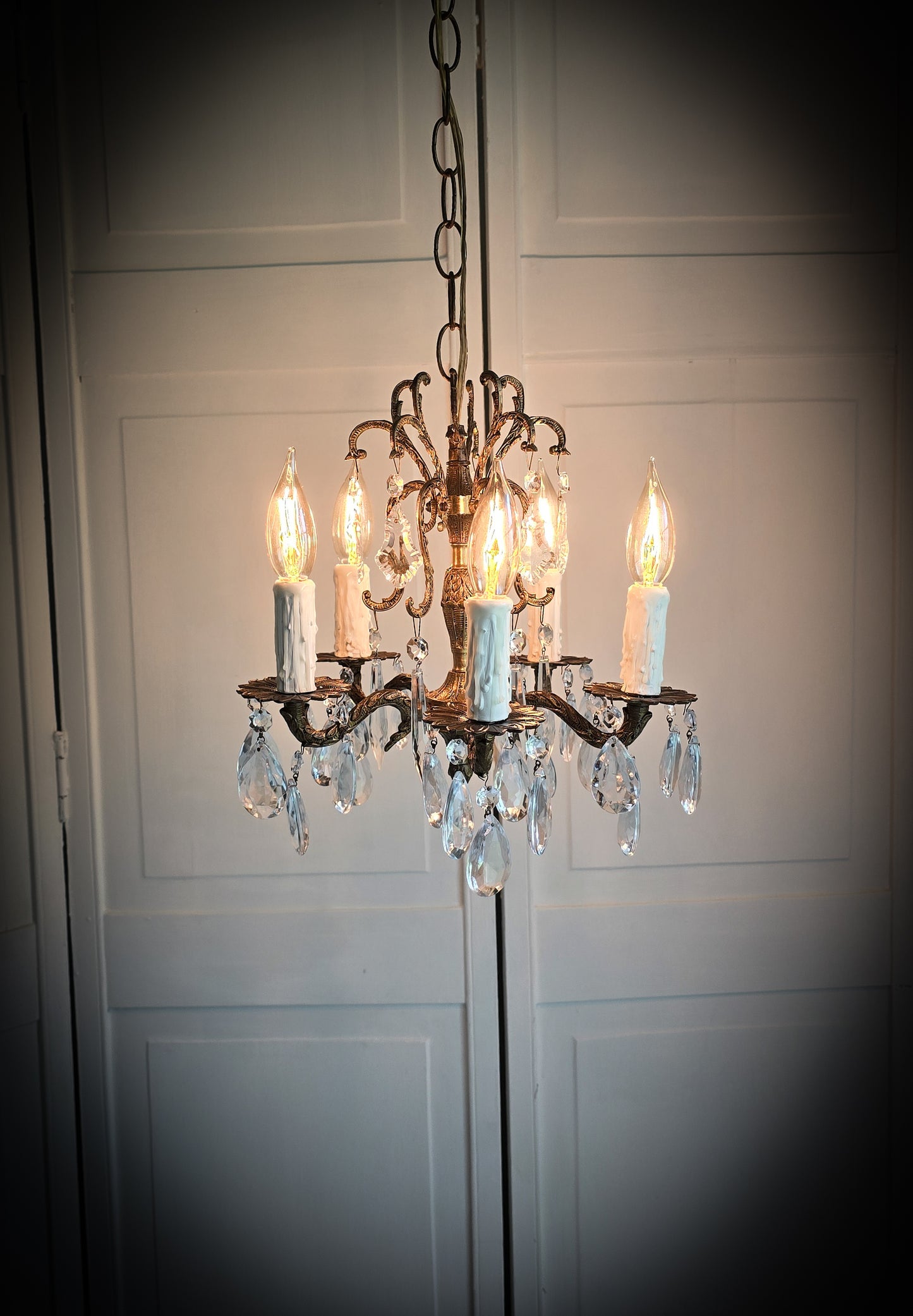 SOLD- "ALEJANDRA" Vintage Crystal Chandelier Spanish Brass MINI 5-light (FREE SHIPPING)