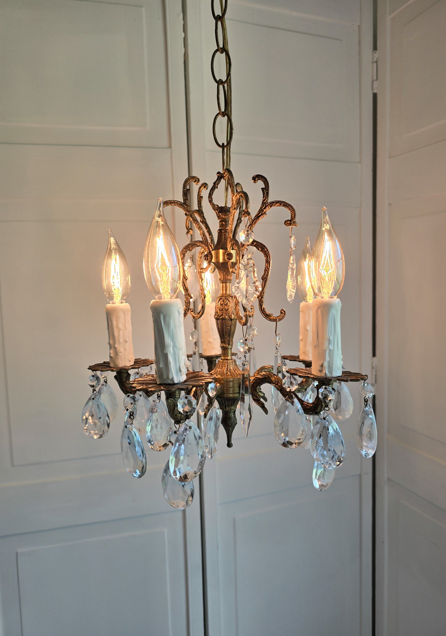 SOLD- "ALEJANDRA" Vintage Crystal Chandelier Spanish Brass MINI 5-light (FREE SHIPPING)