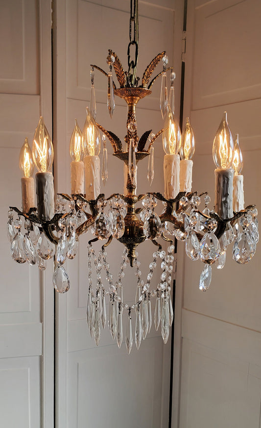 SOLD- Spanish Brass Chandelier 1950s Crystal Bespoke 10-light (FREE SHIPPING)