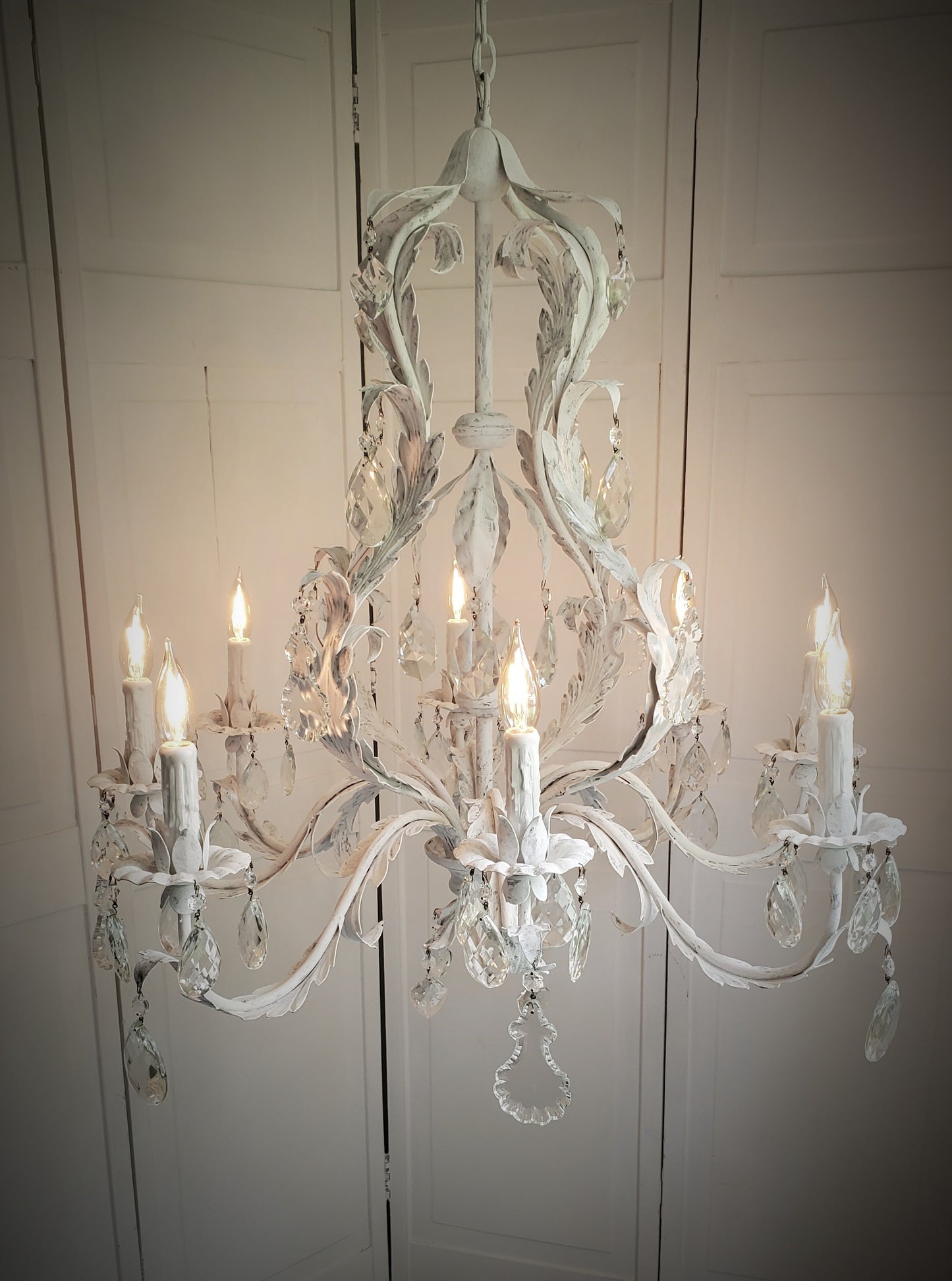 SOLD- Vintage Toleware Chandelier Handpainted "Shabby Chic White" 8-light (LOCAL PICKUP)