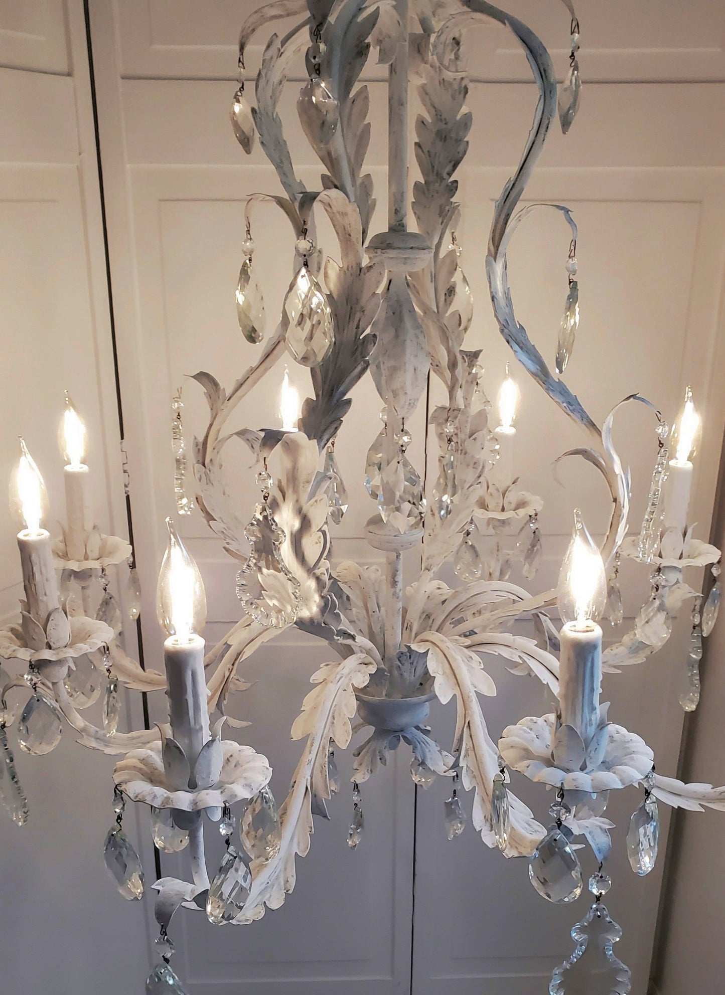 SOLD- Vintage Toleware Chandelier Handpainted "Shabby Chic White" 8-light (LOCAL PICKUP)