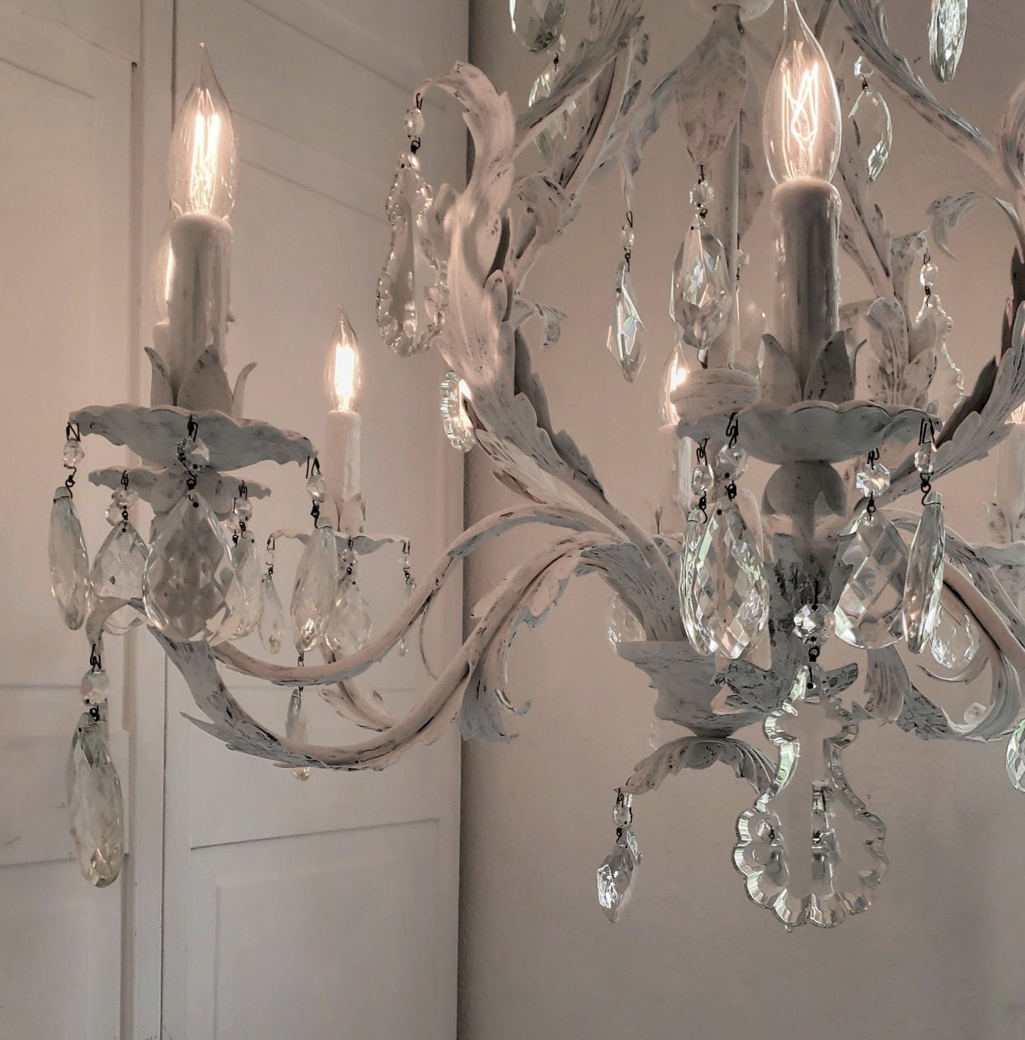 SOLD- Vintage Toleware Chandelier Handpainted "Shabby Chic White" 8-light (LOCAL PICKUP)