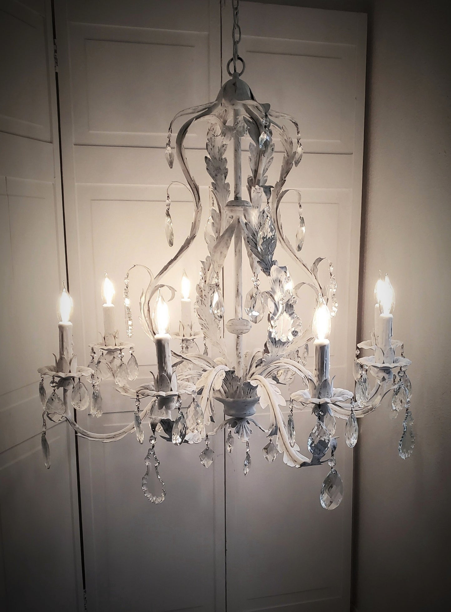 SOLD- Vintage Toleware Chandelier Handpainted "Shabby Chic White" 8-light (LOCAL PICKUP)