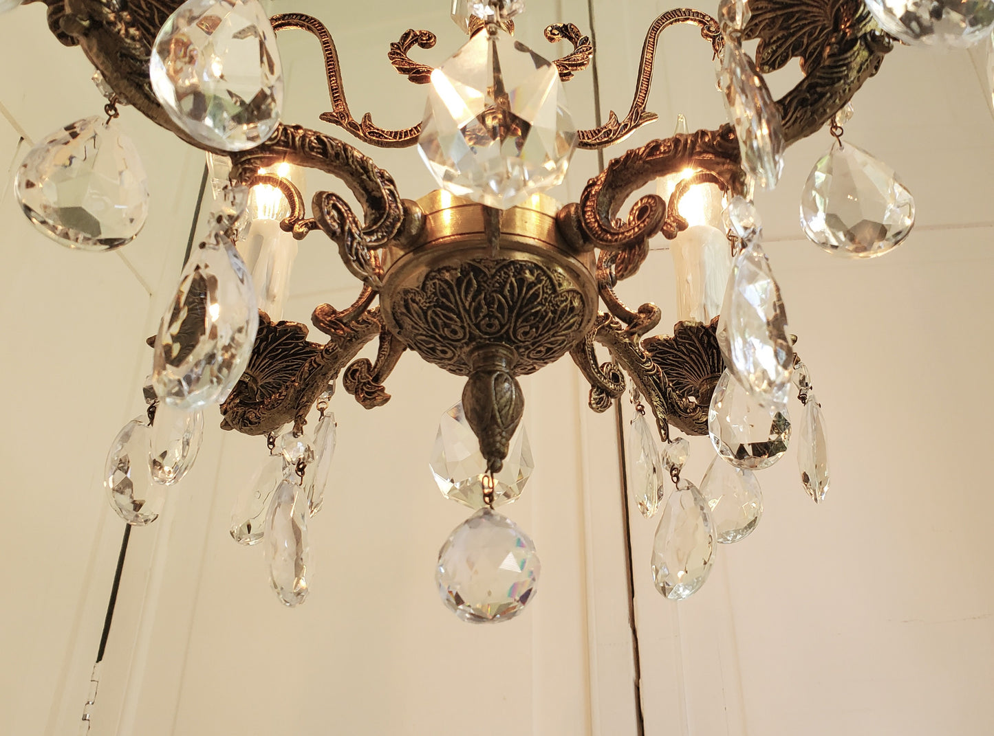 SOLD- 1950s Spanish Brass Crystal Chandelier 4-light (FREE SHIPPING)