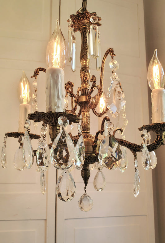 SOLD- 1950s Spanish Brass Crystal Chandelier 4-light (FREE SHIPPING)