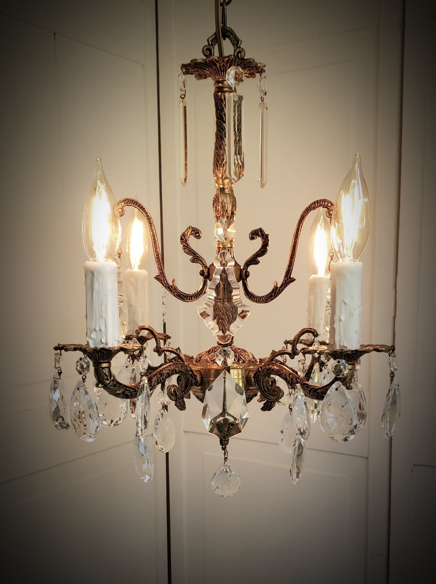 SOLD- 1950s Spanish Brass Crystal Chandelier 4-light (FREE SHIPPING)