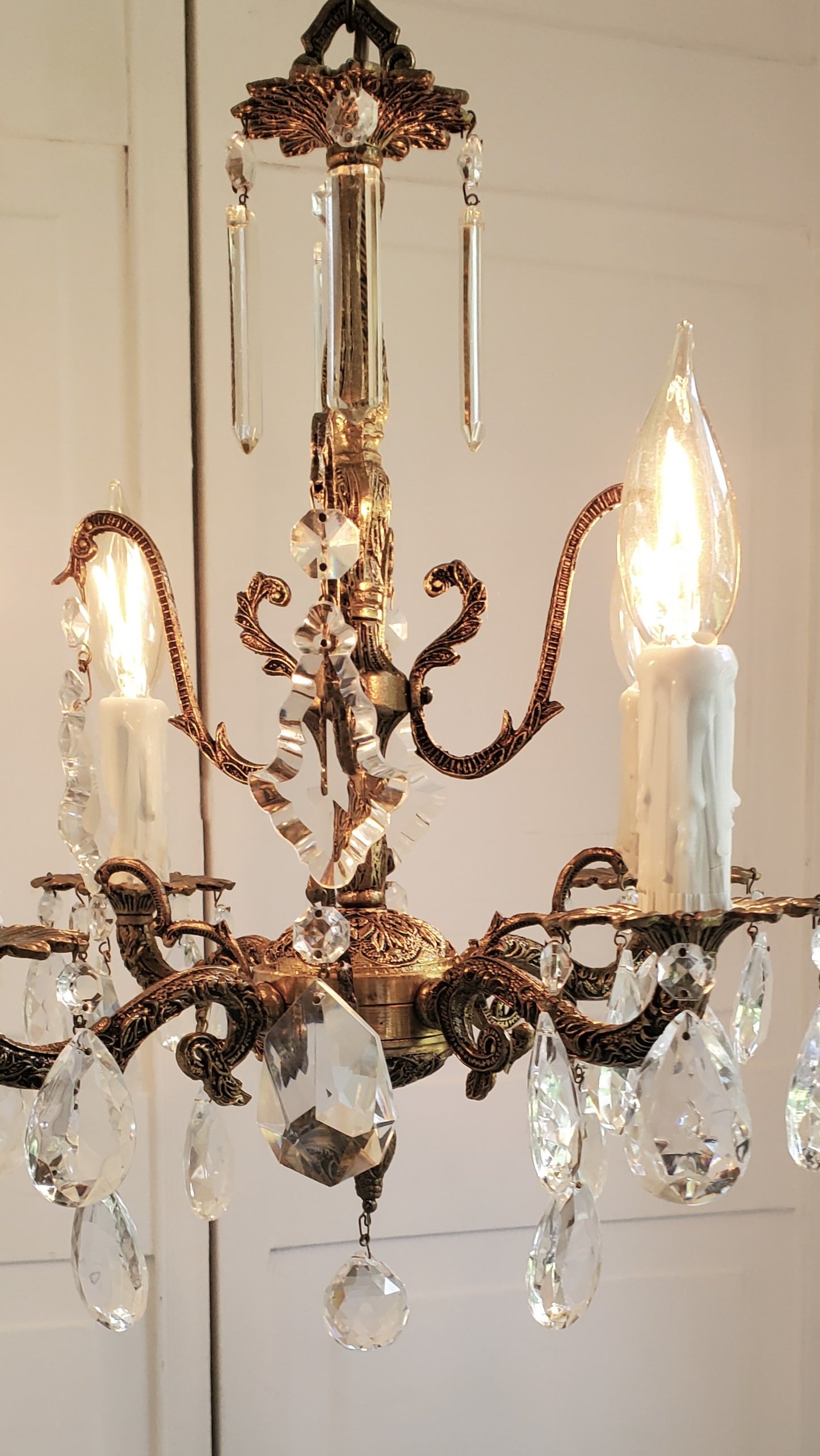 SOLD- 1950s Spanish Brass Crystal Chandelier 4-light (FREE SHIPPING)