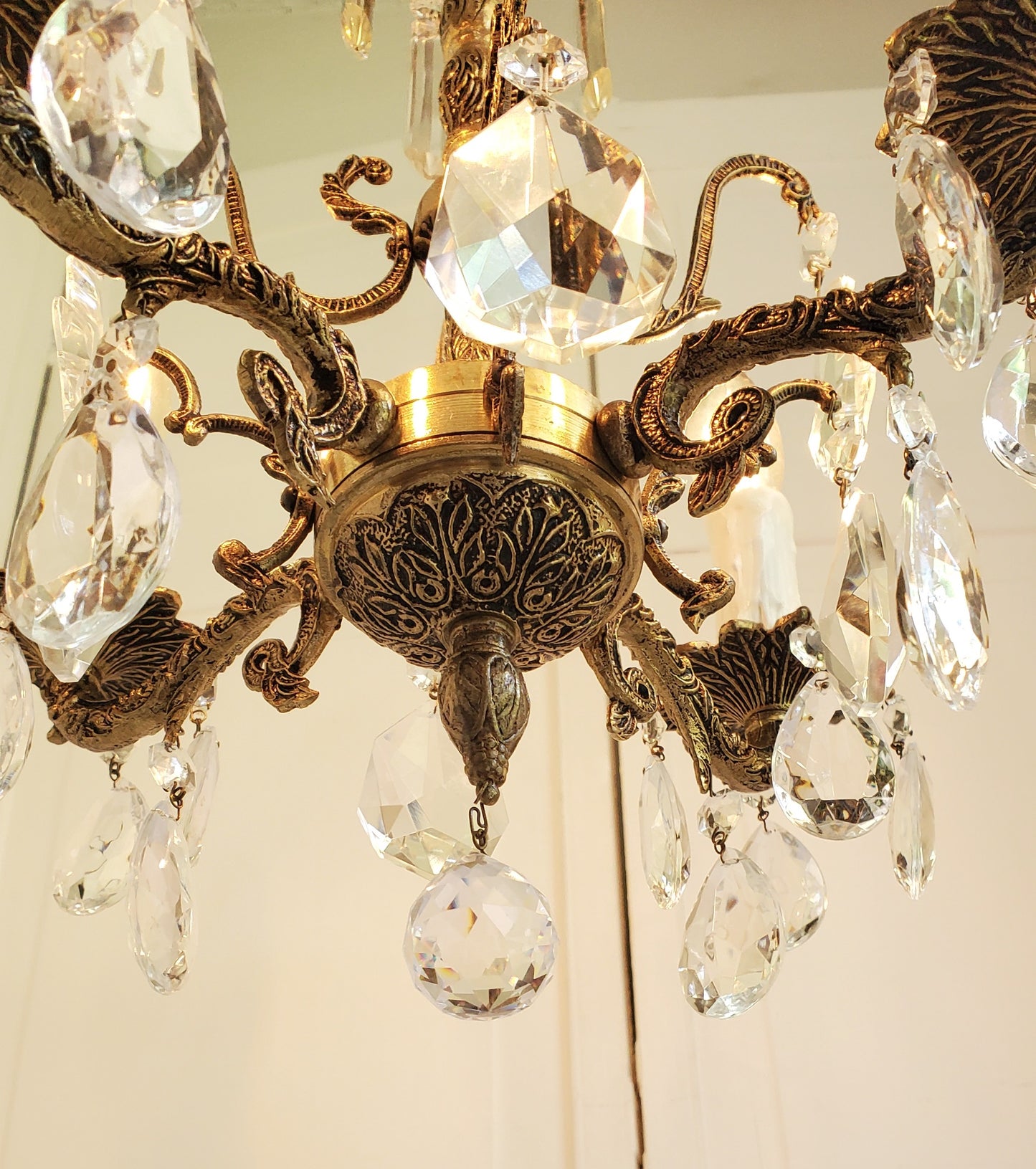 SOLD- 1950s Spanish Brass Crystal Chandelier 4-light (FREE SHIPPING)