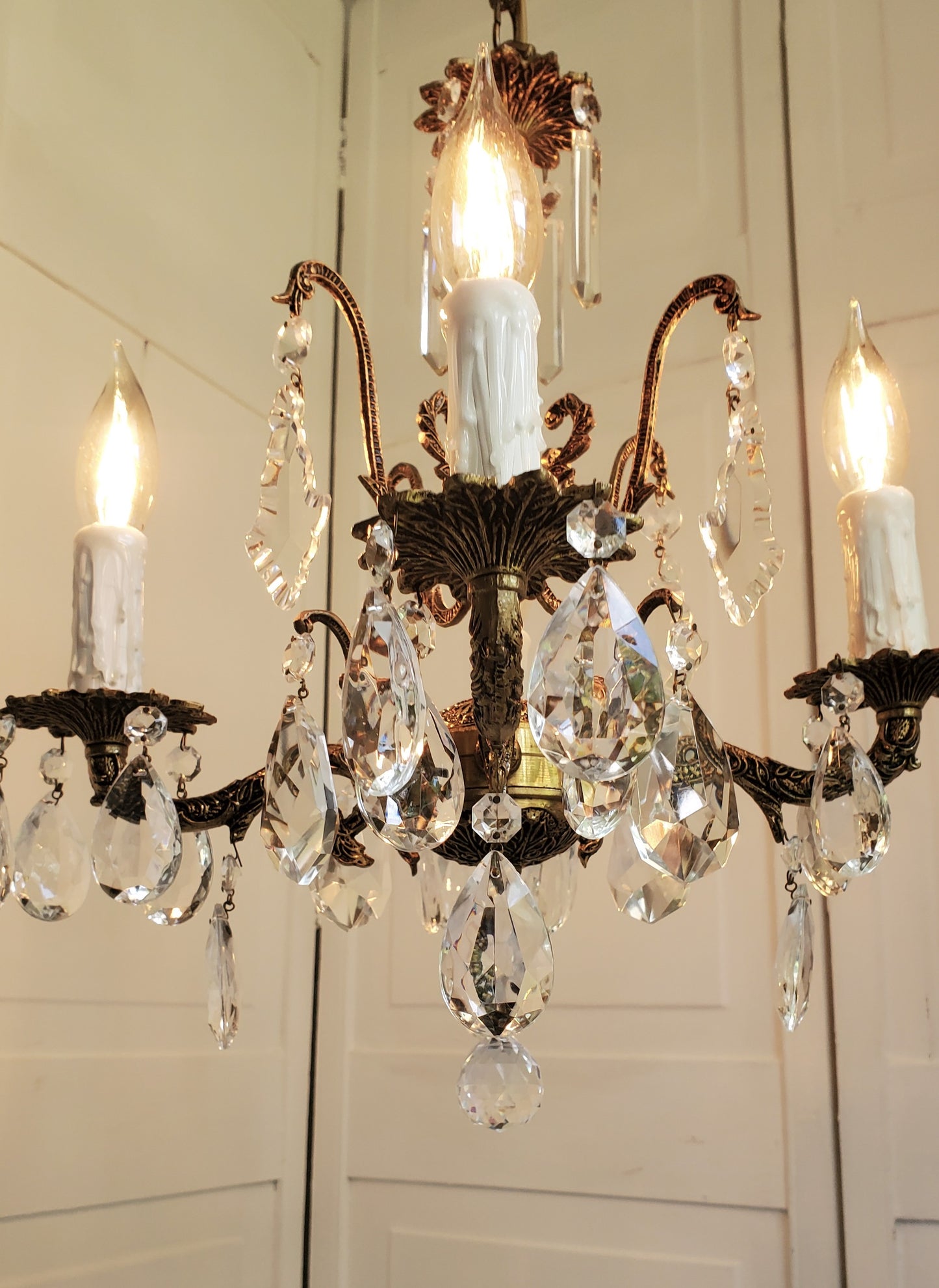 SOLD- 1950s Spanish Brass Crystal Chandelier 4-light (FREE SHIPPING)