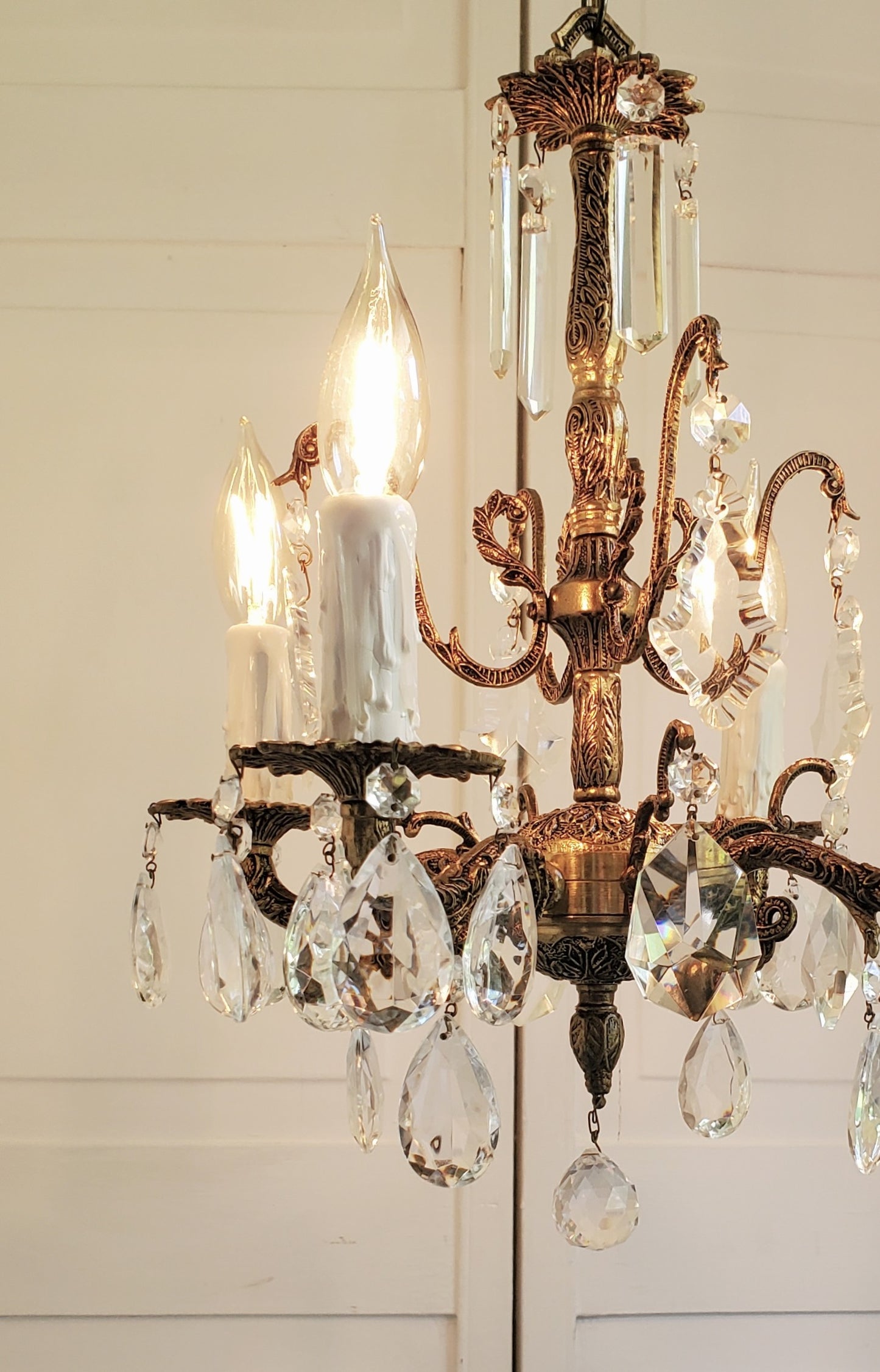 SOLD- 1950s Spanish Brass Crystal Chandelier 4-light (FREE SHIPPING)