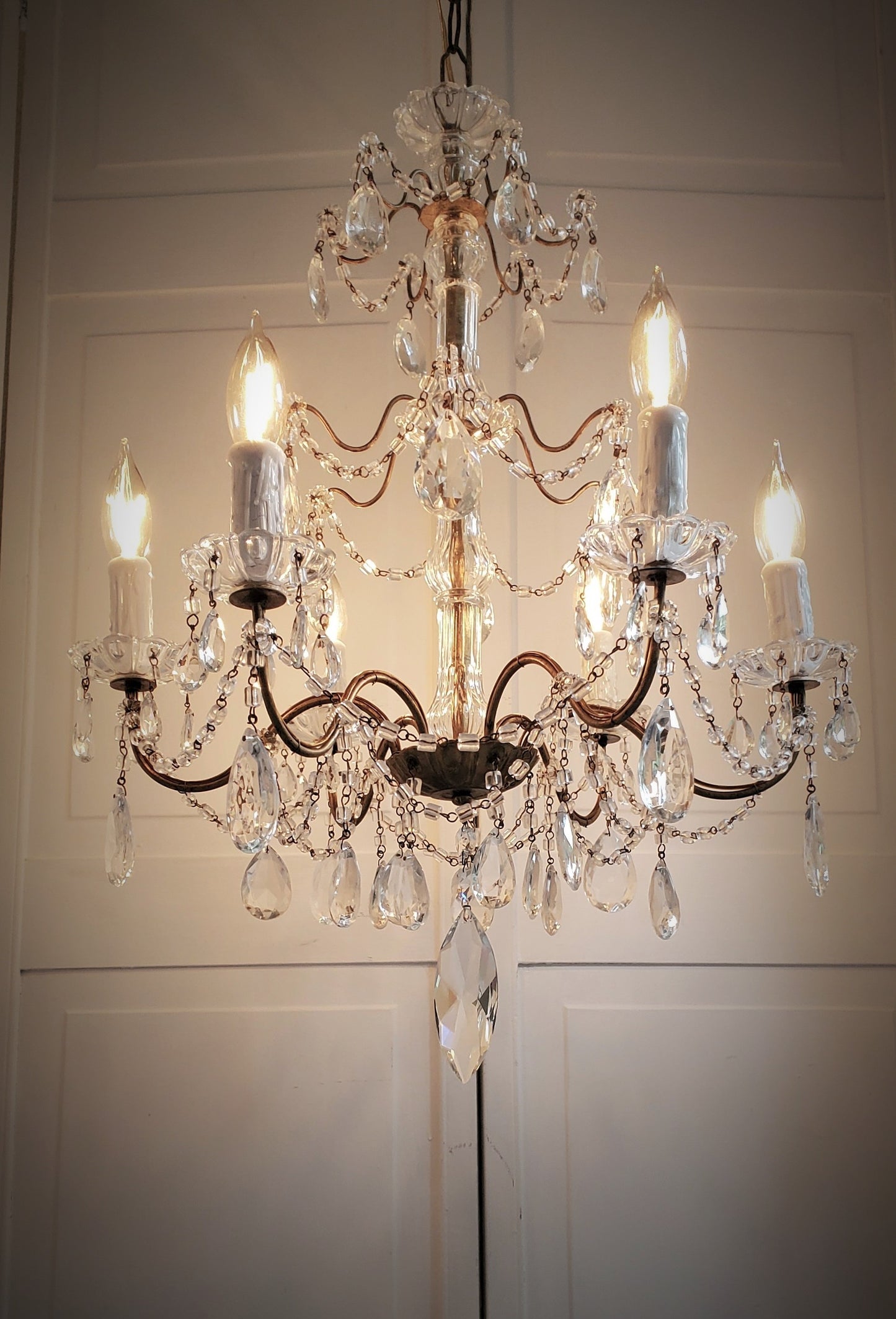 SOLD- 1920s Italian Macaroni Beaded Crystal Chandelier 6-light (FREE SHIPPING)