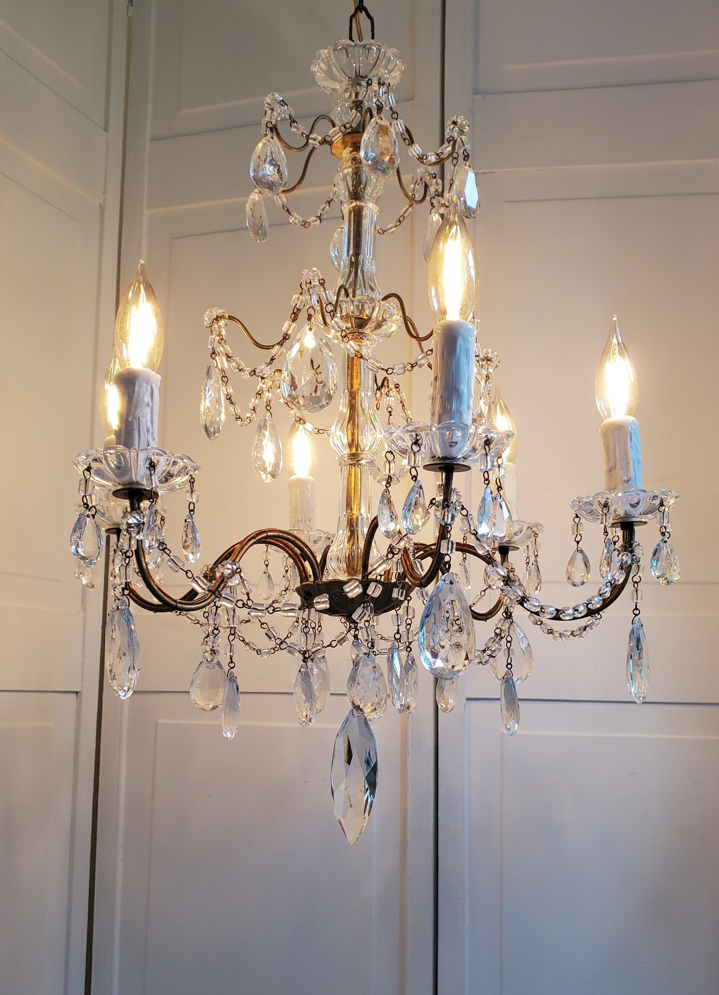 SOLD- 1920s Italian Macaroni Beaded Crystal Chandelier 6-light (FREE SHIPPING)