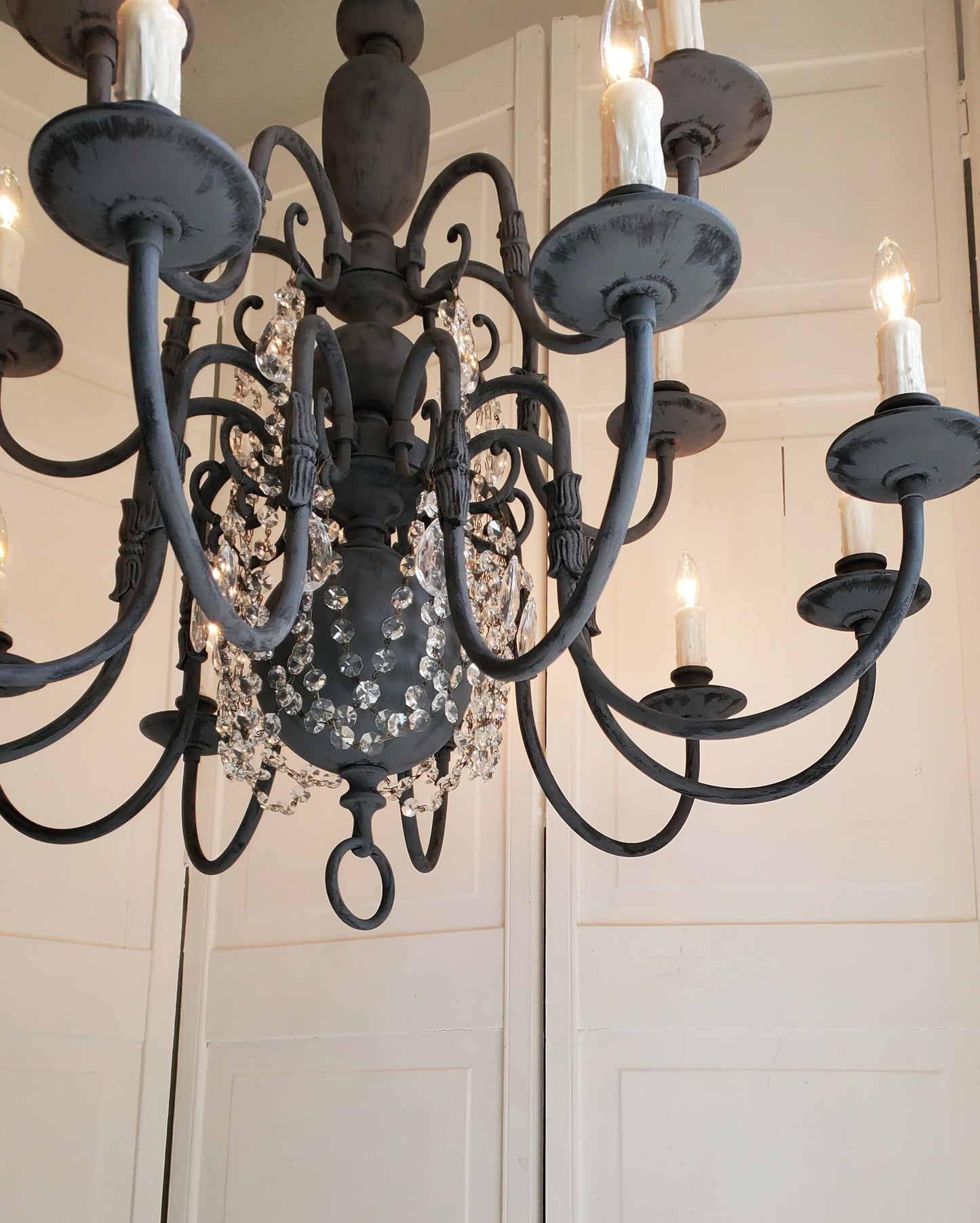 SOLD- Vintage Brass Chandelier 15-light Handpainted Black Zinc Patina w/Crystals   (LOCAL PICKUP)