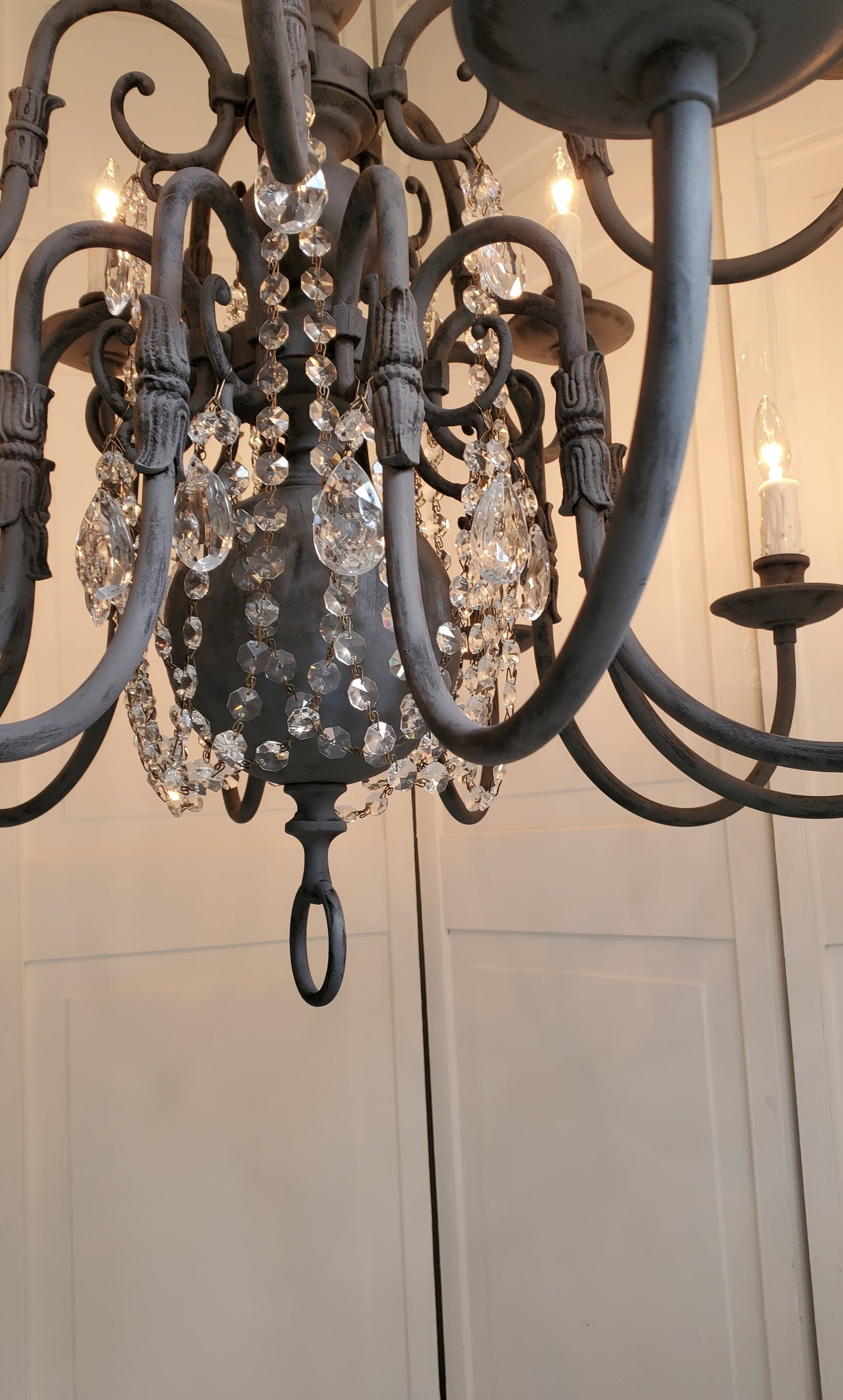 SOLD- Vintage Brass Chandelier 15-light Handpainted Black Zinc Patina w/Crystals   (LOCAL PICKUP)