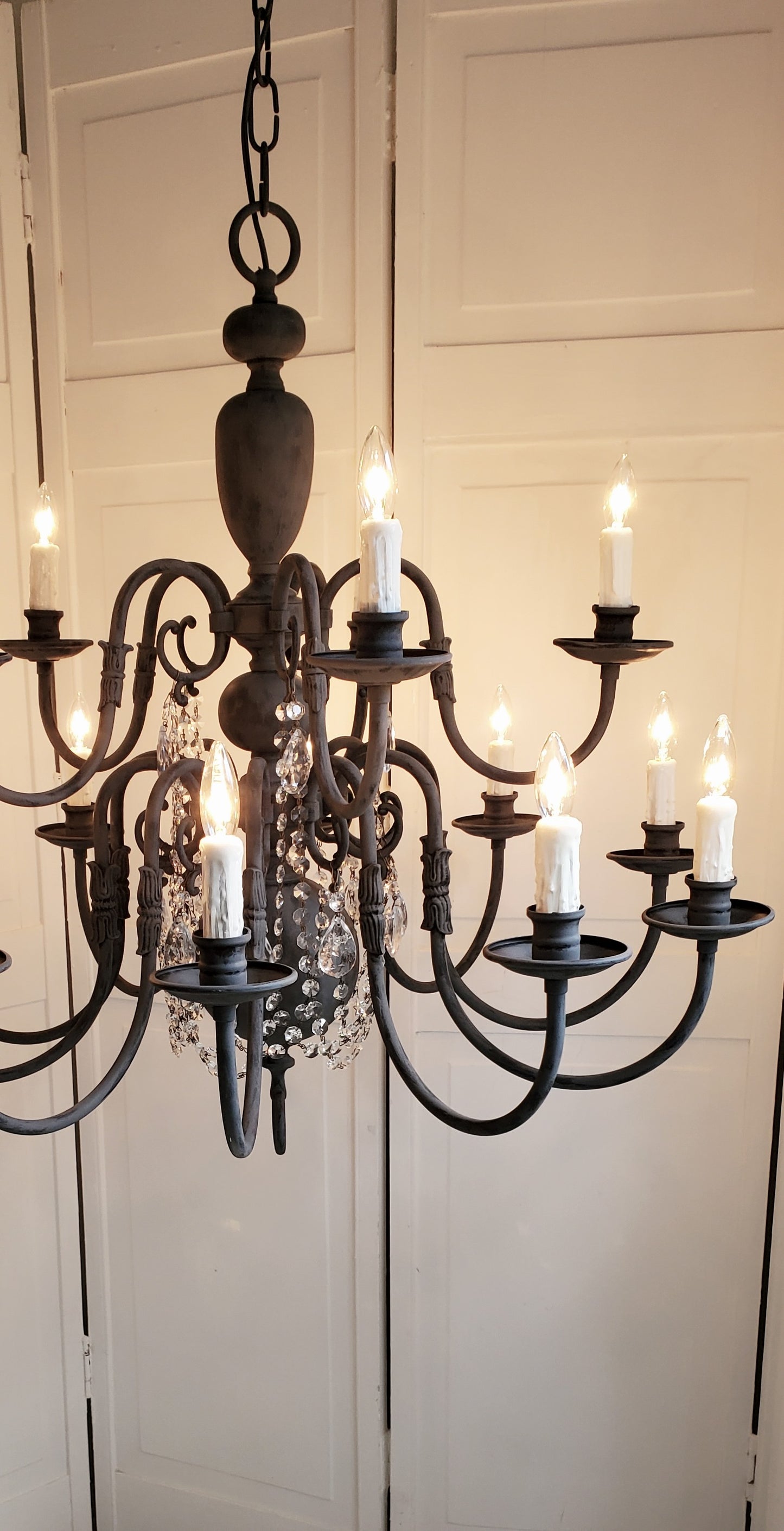 SOLD- Vintage Brass Chandelier 15-light Handpainted Black Zinc Patina w/Crystals   (LOCAL PICKUP)