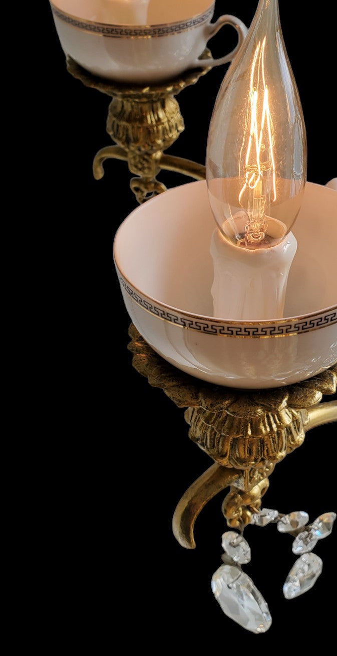 SOLD- "Francis- The Glamorous Teacup Chandelier" Vintage Crystal Chandelier 5-Light Greek Key Porcelain Tea Cups (FREE SHIPPING)