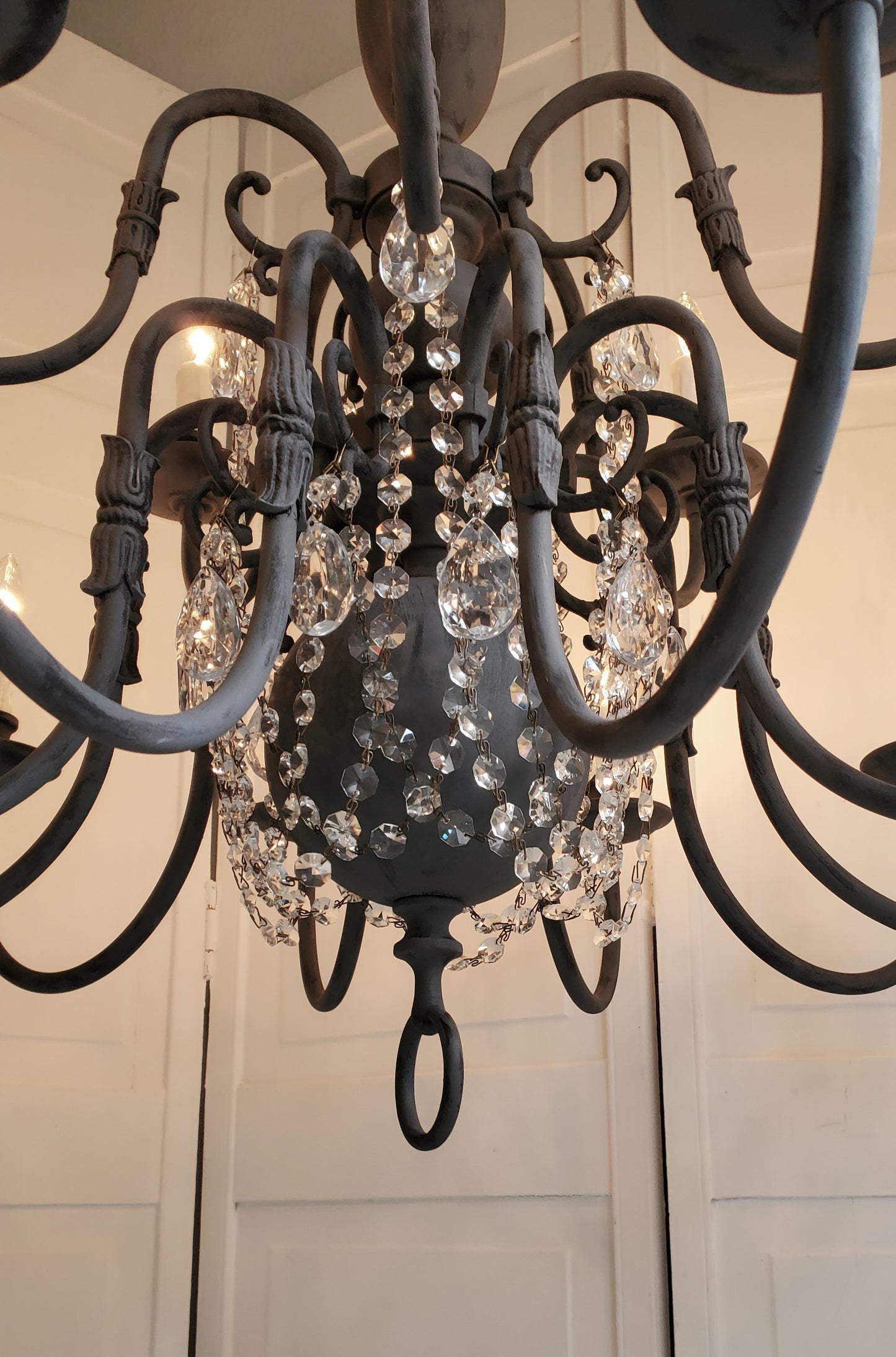 SOLD- Vintage Brass Chandelier 15-light Handpainted Black Zinc Patina w/Crystals   (LOCAL PICKUP)