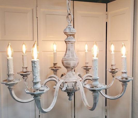SOLD- Waldorf Astoria Vintage Chandelier 1980s Whitewashed 8-light (LOCAL PICKUP ONLY)