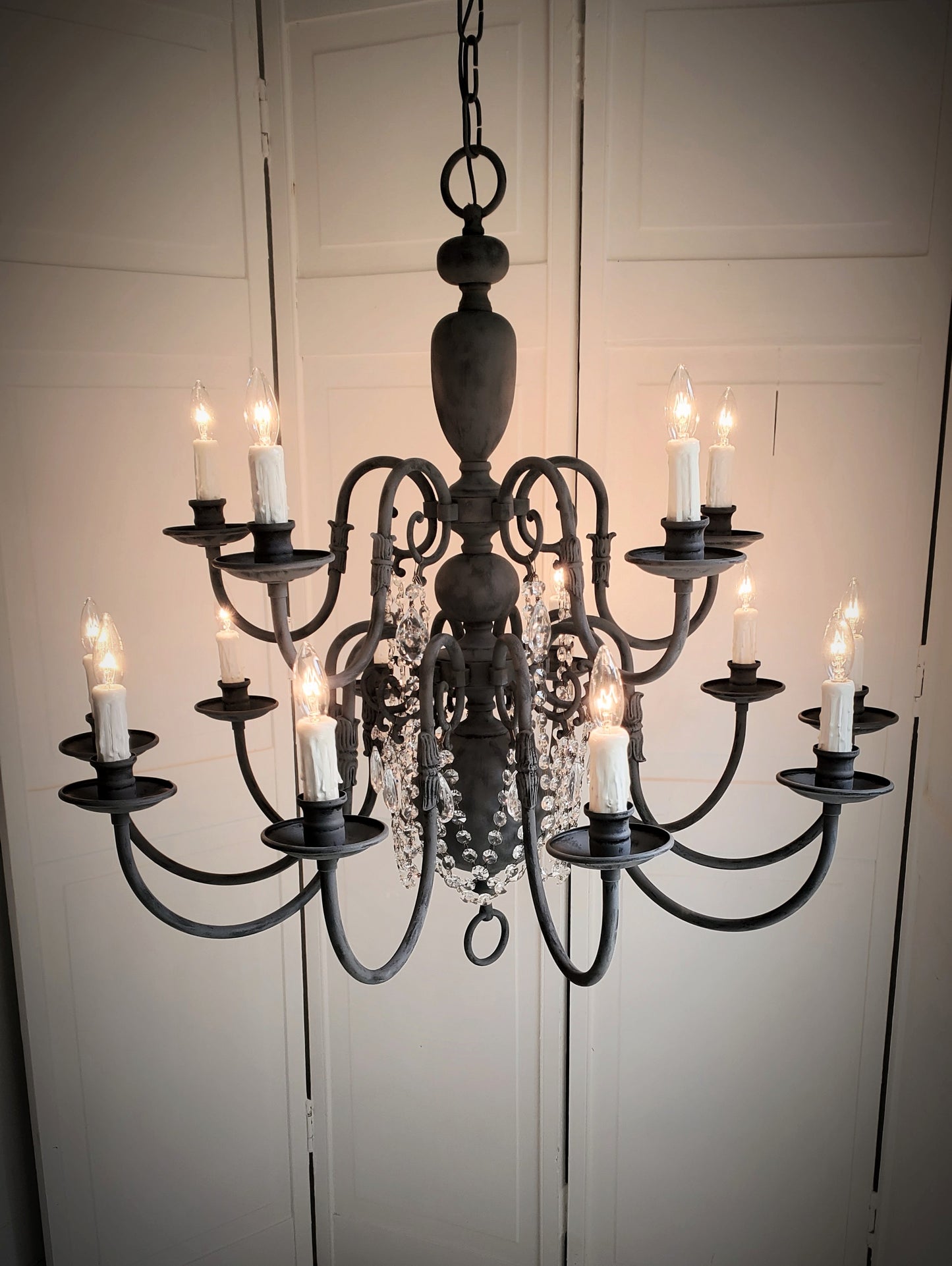 SOLD- Vintage Brass Chandelier 15-light Handpainted Black Zinc Patina w/Crystals   (LOCAL PICKUP)