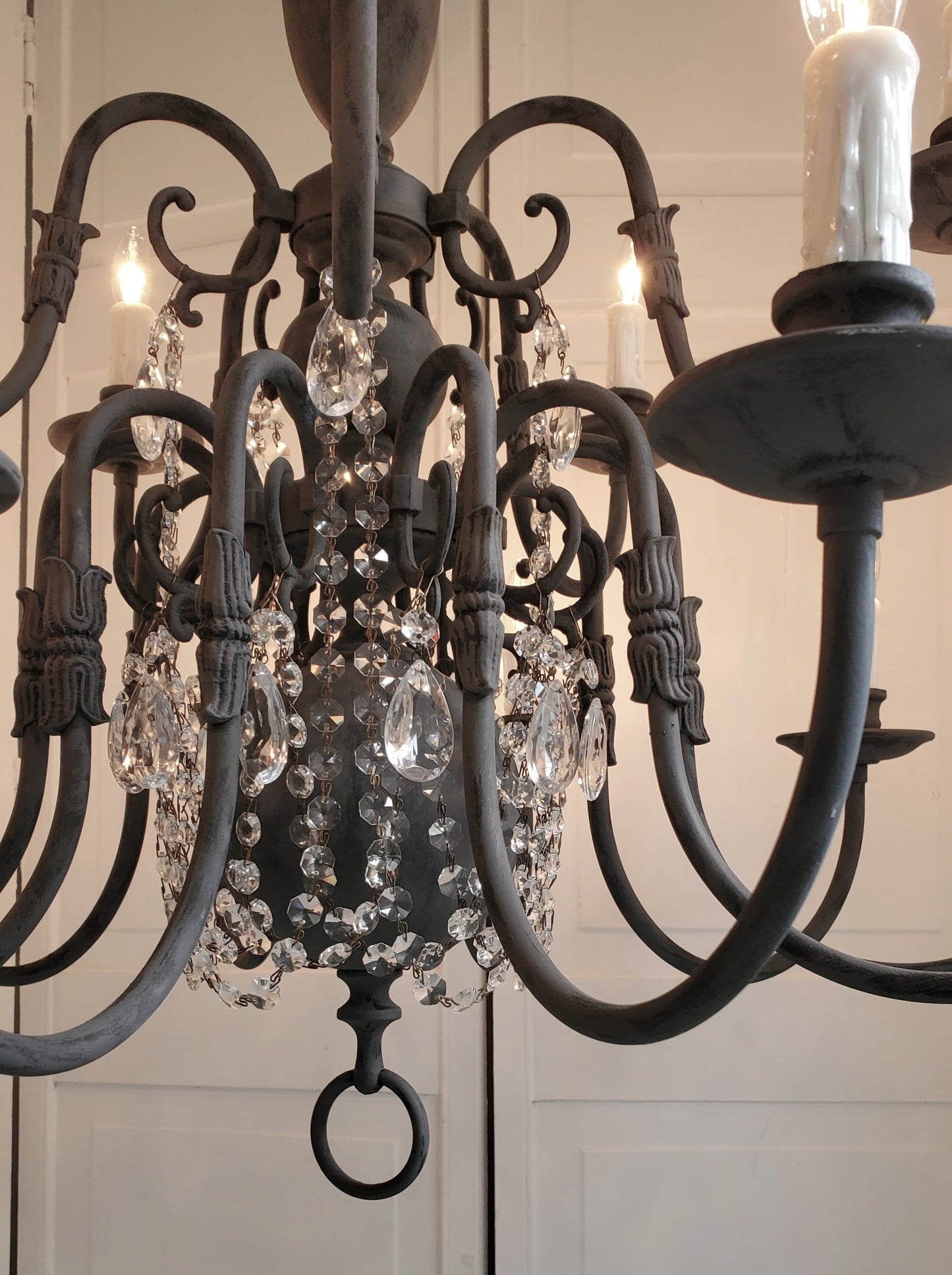 SOLD- Vintage Brass Chandelier 15-light Handpainted Black Zinc Patina w/Crystals   (LOCAL PICKUP)