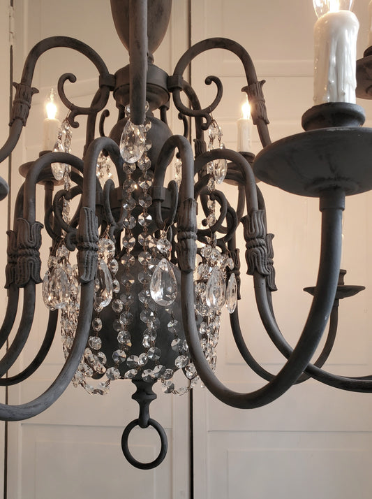SOLD- Vintage Brass Chandelier 15-light Handpainted Black Zinc Patina w/Crystals   (LOCAL PICKUP)