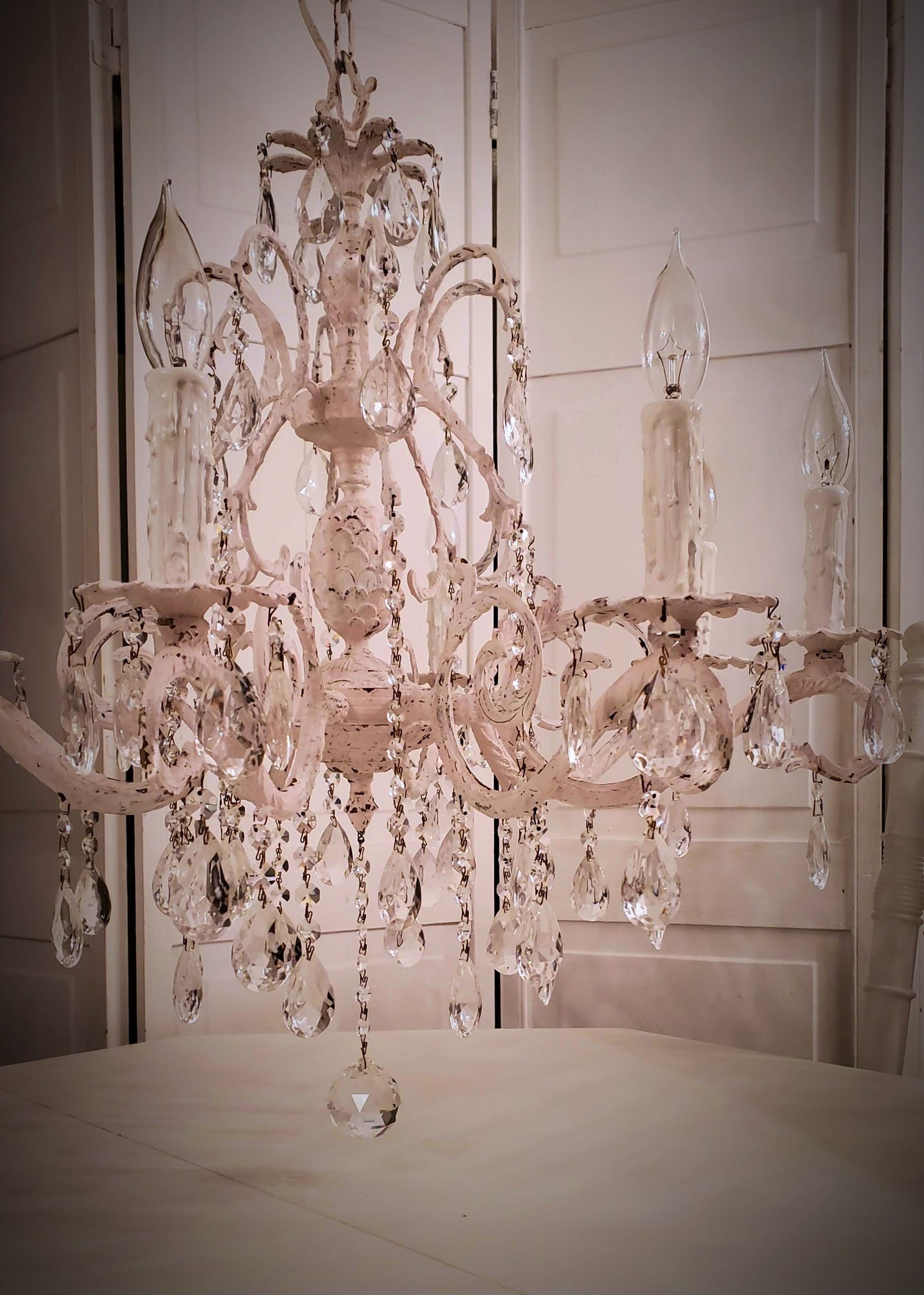 A Crystal Chandelier 1950s Handpainted "Shabby Chic White" 8-light (FREE SHIPPING)