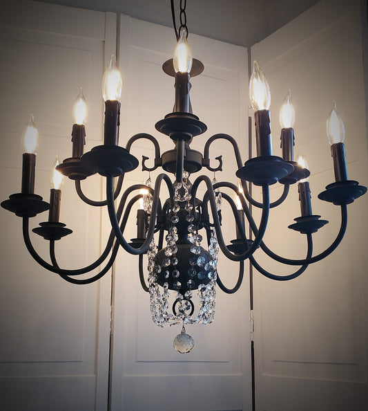SOLD- Handpainted Crystal Chandelier Vintage Matte Black 12-light (LOCAL PICKUP)