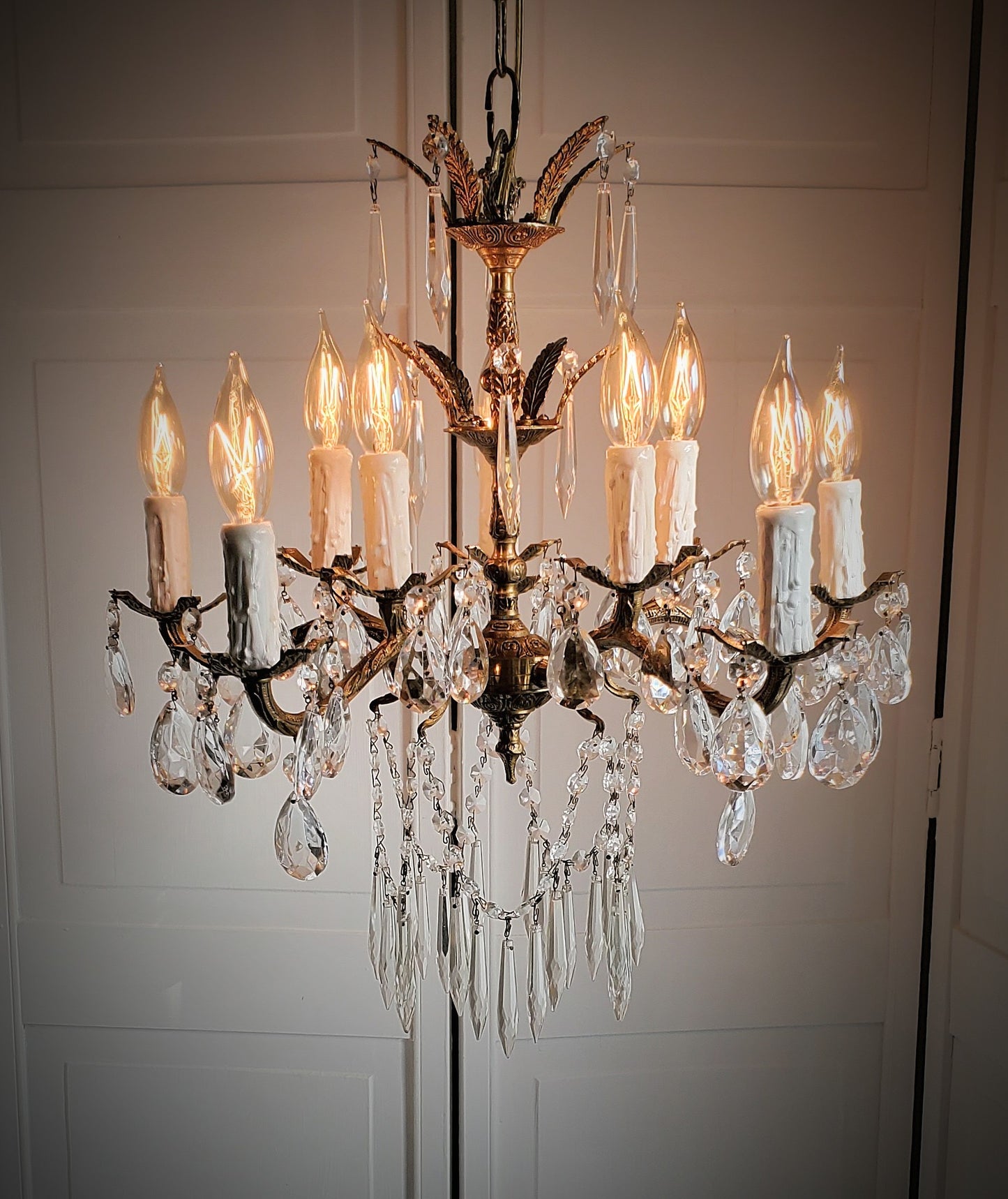 SOLD- Spanish Brass Chandelier 1950s Crystal Bespoke 10-light (FREE SHIPPING)