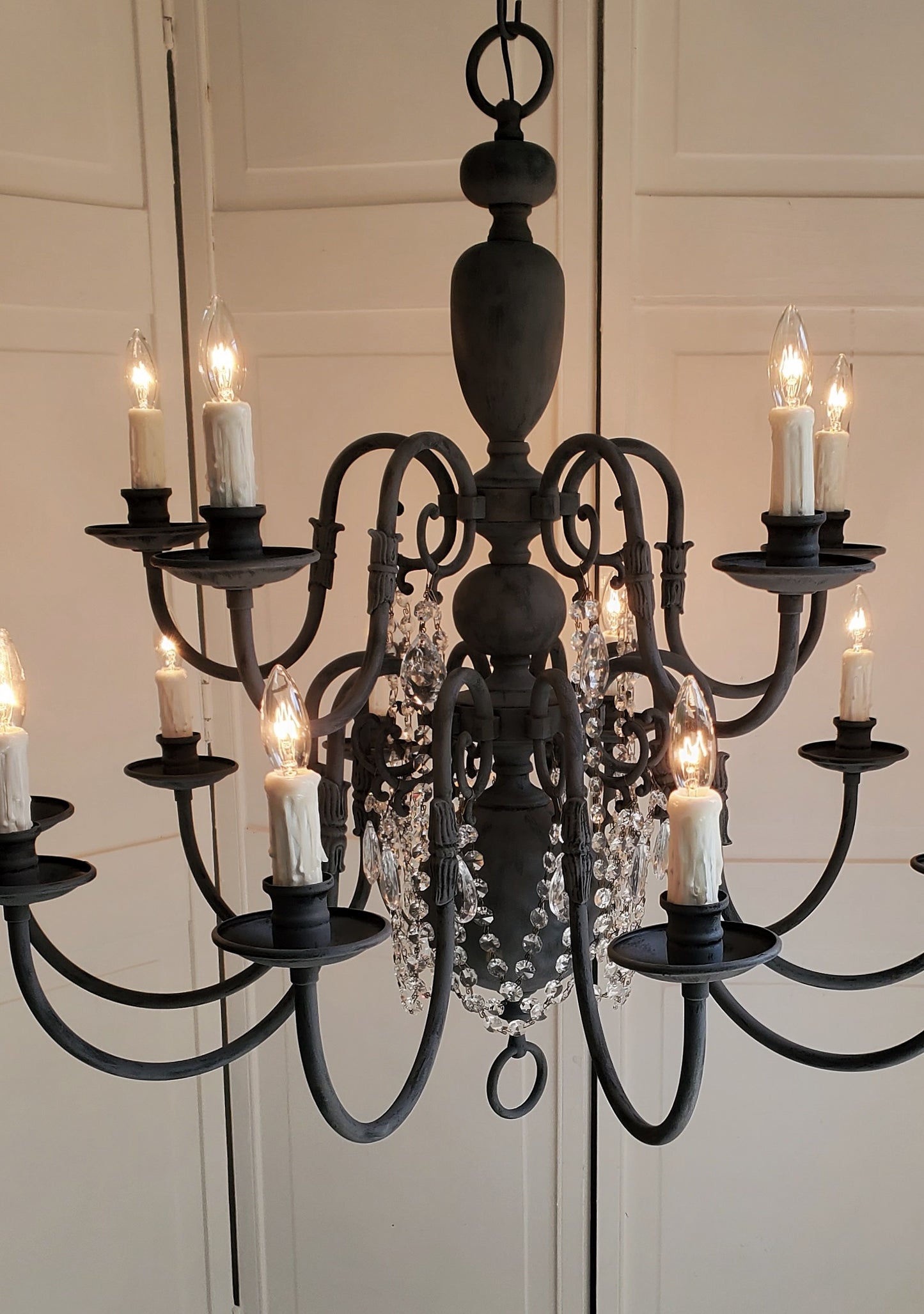 SOLD- Vintage Brass Chandelier 15-light Handpainted Black Zinc Patina w/Crystals   (LOCAL PICKUP)