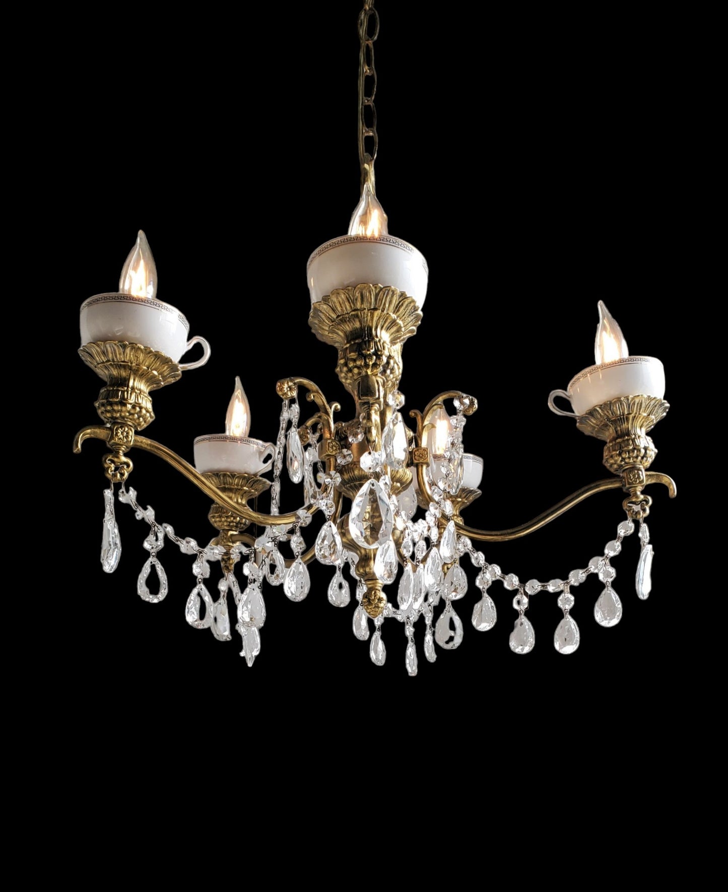 SOLD- "Francis- The Glamorous Teacup Chandelier" Vintage Crystal Chandelier 5-Light Greek Key Porcelain Tea Cups (FREE SHIPPING)