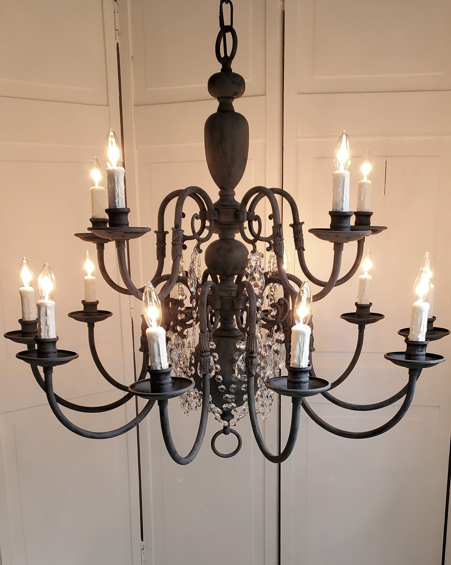 SOLD- Vintage Brass Chandelier 15-light Handpainted Black Zinc Patina w/Crystals   (LOCAL PICKUP)