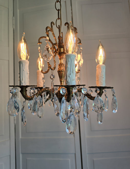 SOLD- "ALEJANDRA" Vintage Crystal Chandelier Spanish Brass MINI 5-light (FREE SHIPPING)